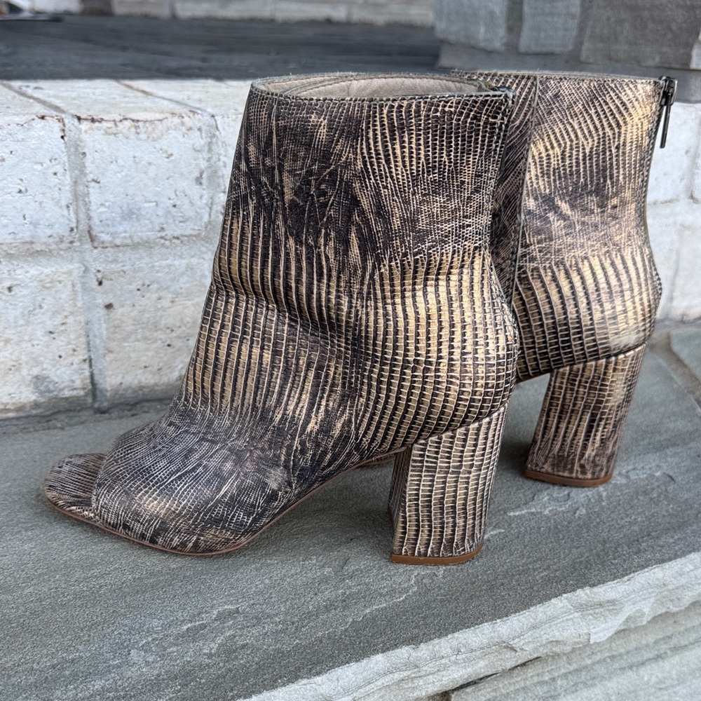 Matisse Melaney Open Toe Metallic Snake Print open toe Block Heel Booties